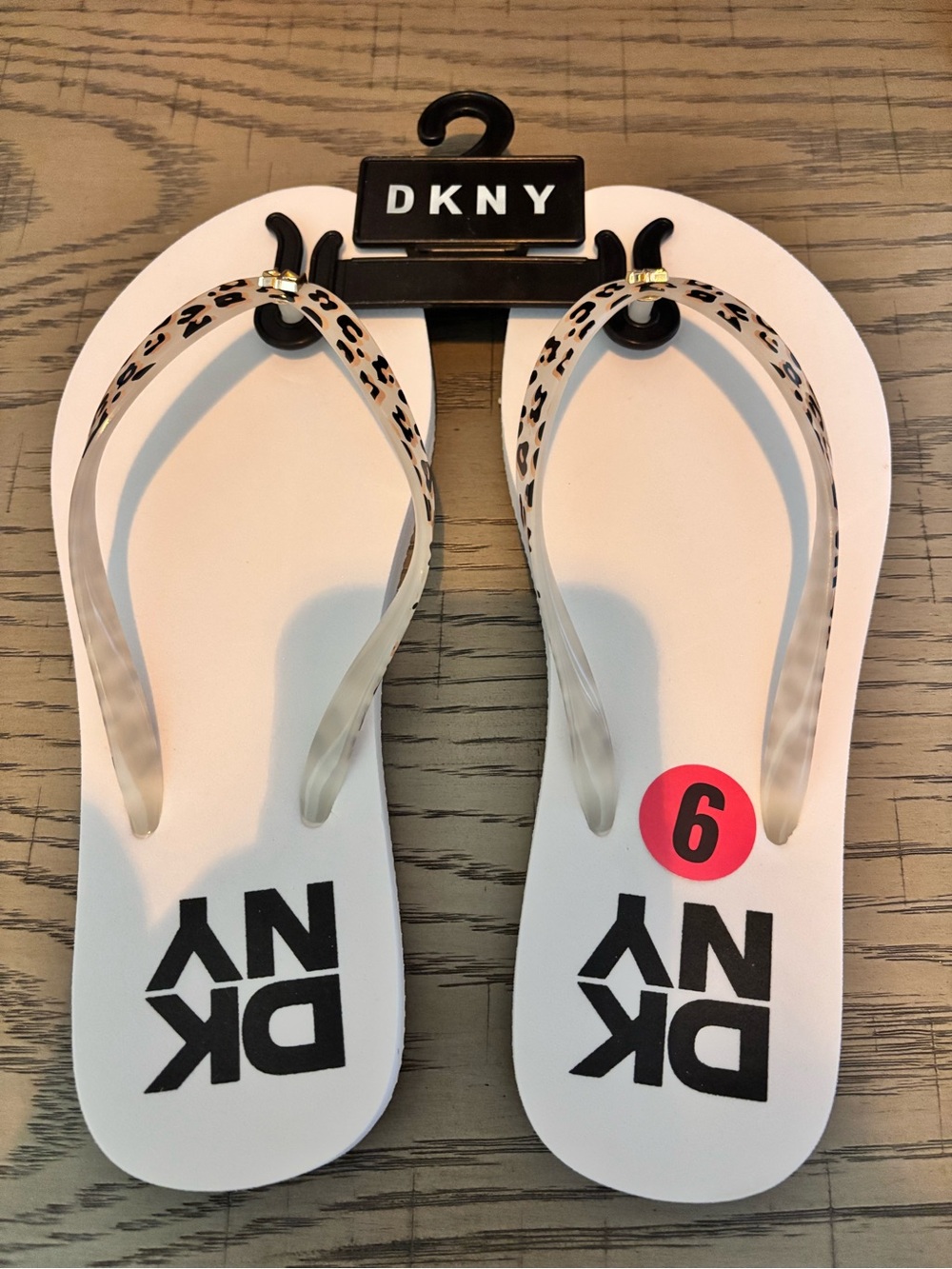 DKNY White Flip Flop Sandals with Leopard-Print Straps